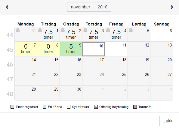 Kalender hvor du kan velge hvilken dag du skal føre timer på.