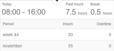 Boks som hviser antall timer registrert i dag, denne uken og denne måneden.