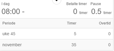 Boks som hviser antall timer registrert i dag, denne uken og denne måneden.