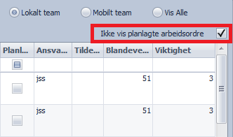 Avkrysningsboks for å ikke vise planlagte arbeidsordre